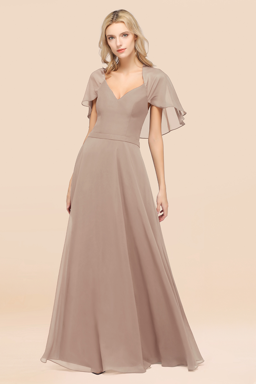 27prom Chic Satin V-Neck Long Burgundy Chiffon Bridesmaid Dress with Flutter Sleeve-27prom