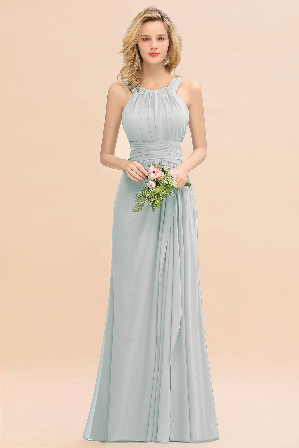 27prom Elegant Round Neck Sleeveless Bridesmaid Dress with Ruffles-27prom