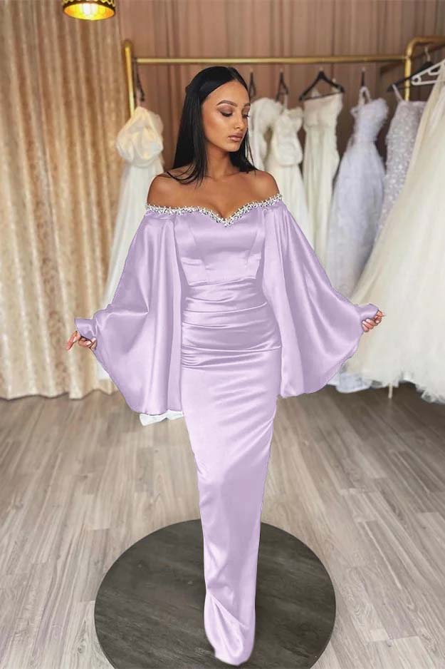 Off the Shoulder Long Sleeves Pleated Long Prom Dress With Beading