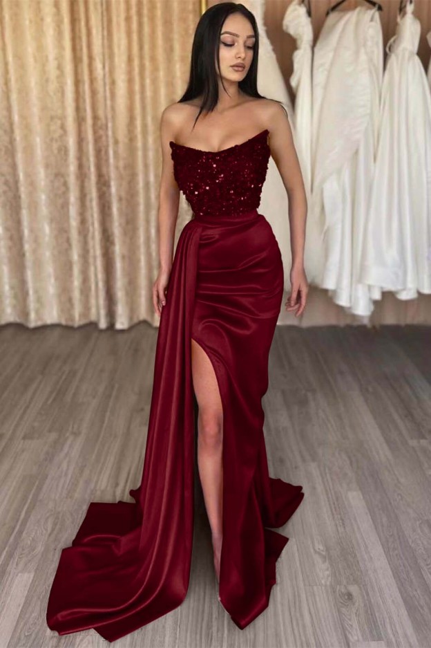 Red Strapless Elegant Sleeveless Long Sequins Prom Dress Mermaid Side Split