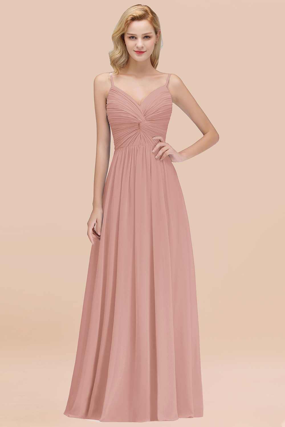 27prom Chic V-Neck Pleated Backless Bridesmaid Dresses with Spaghetti Straps-27prom