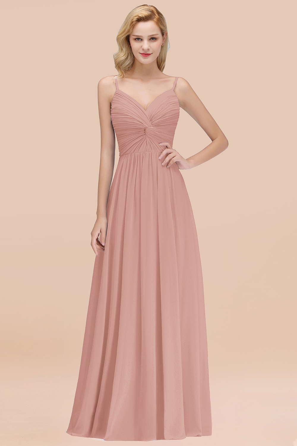 27prom Chic V-Neck Pleated Backless Bridesmaid Dresses with Spaghetti Straps-27prom