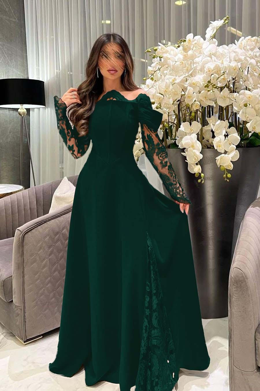 White Off the Shoulder Long Sleeves Long Prom Dress With Appliques