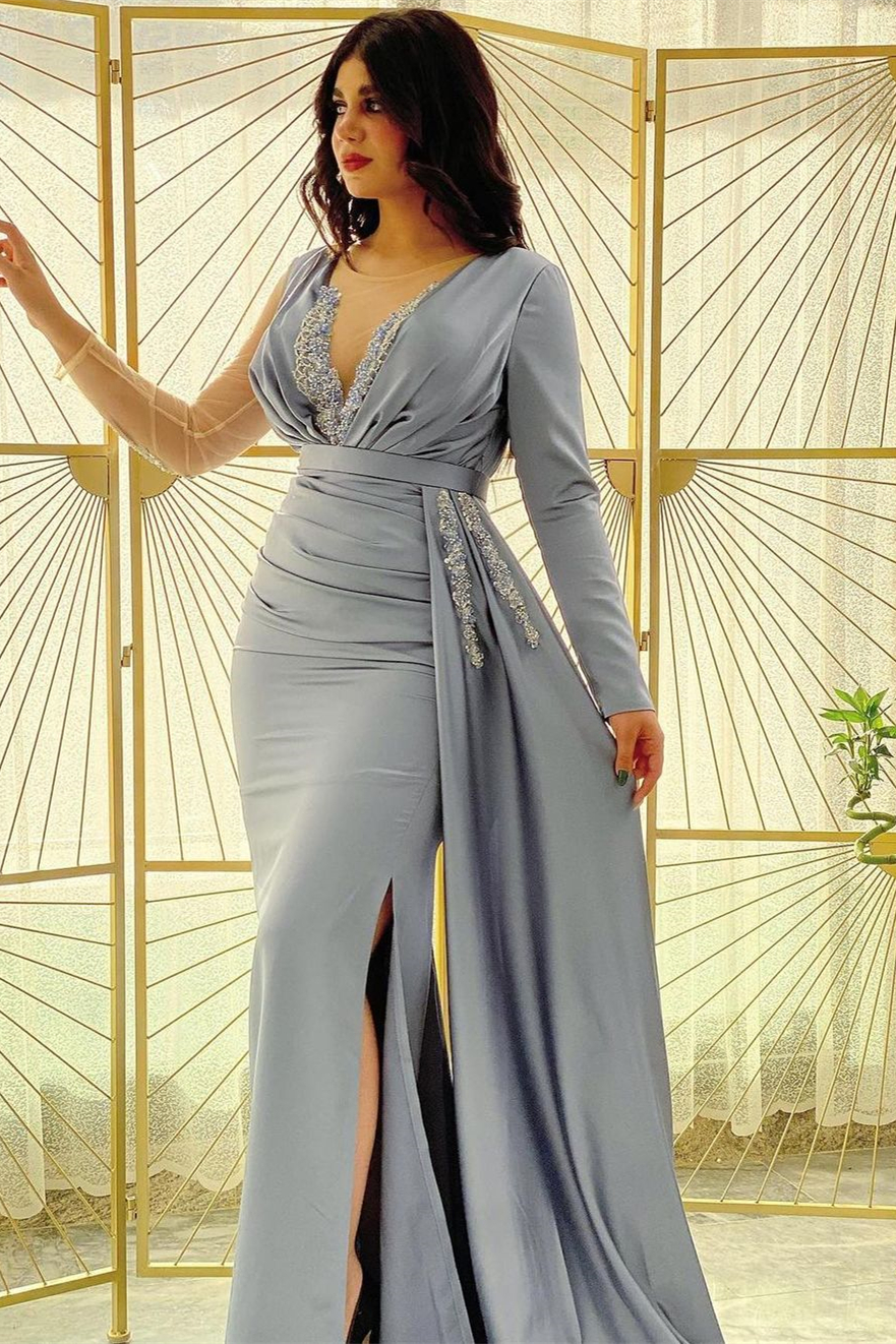 Mermaid Long Sleeves Beadings Pleated Prom Dress Side Split With Ruffles