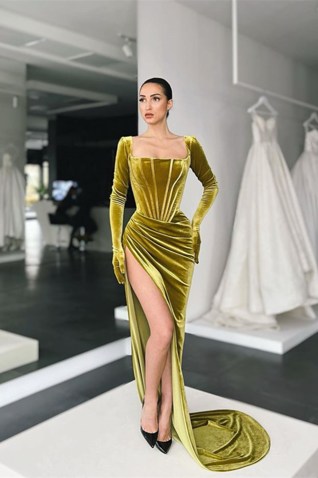 Stunning Square Neck Long Sleeves Pleated Long Prom Dress With Side Split