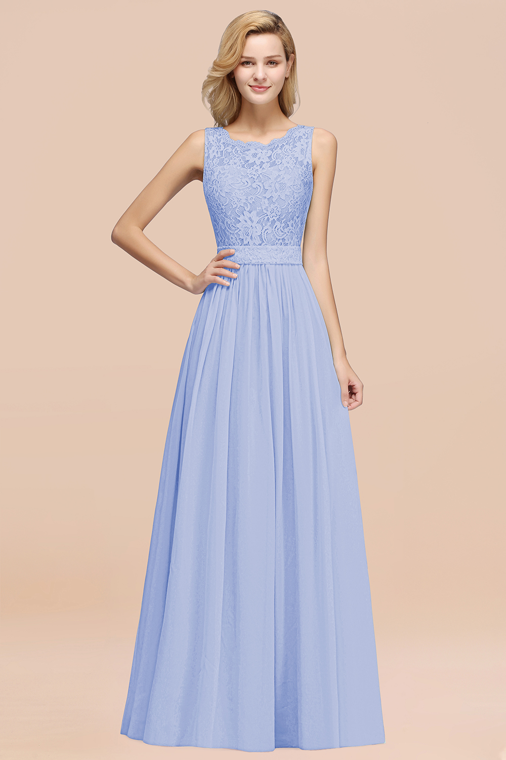 27prom Elegant Chiffon Lace Scalloped Sleeveless Ruffle Bridesmaid Dresses-27prom