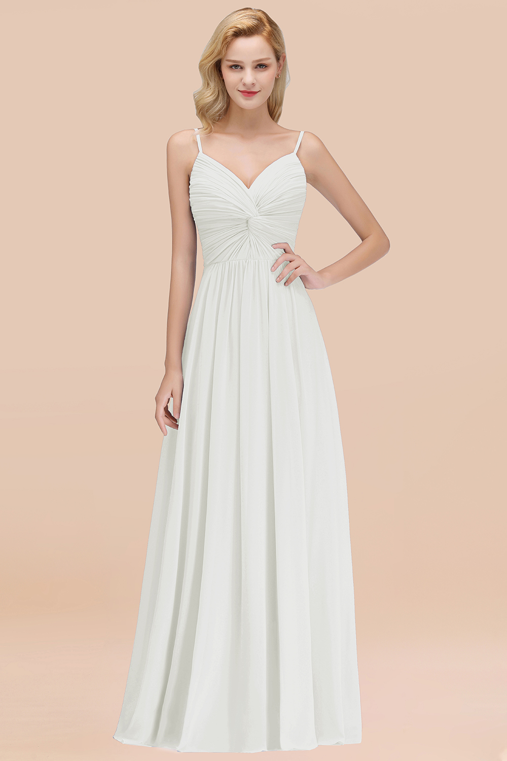 27prom Chic V-Neck Pleated Backless Bridesmaid Dresses with Spaghetti Straps-27prom