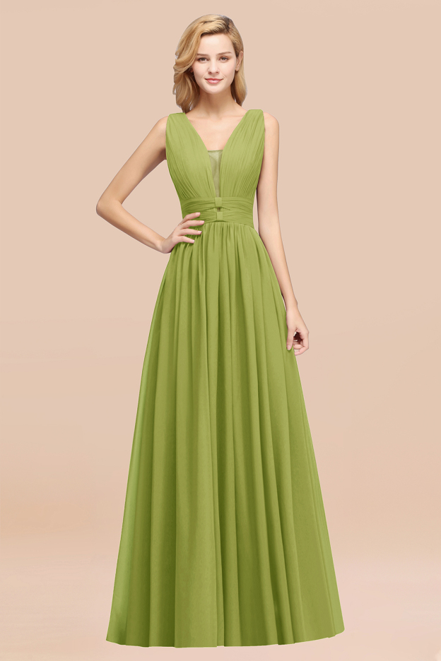 27prom Modest Dark Green Long Bridesmaid Dress Deep V-Neck Chiffon Maid of Honor Dress-27prom