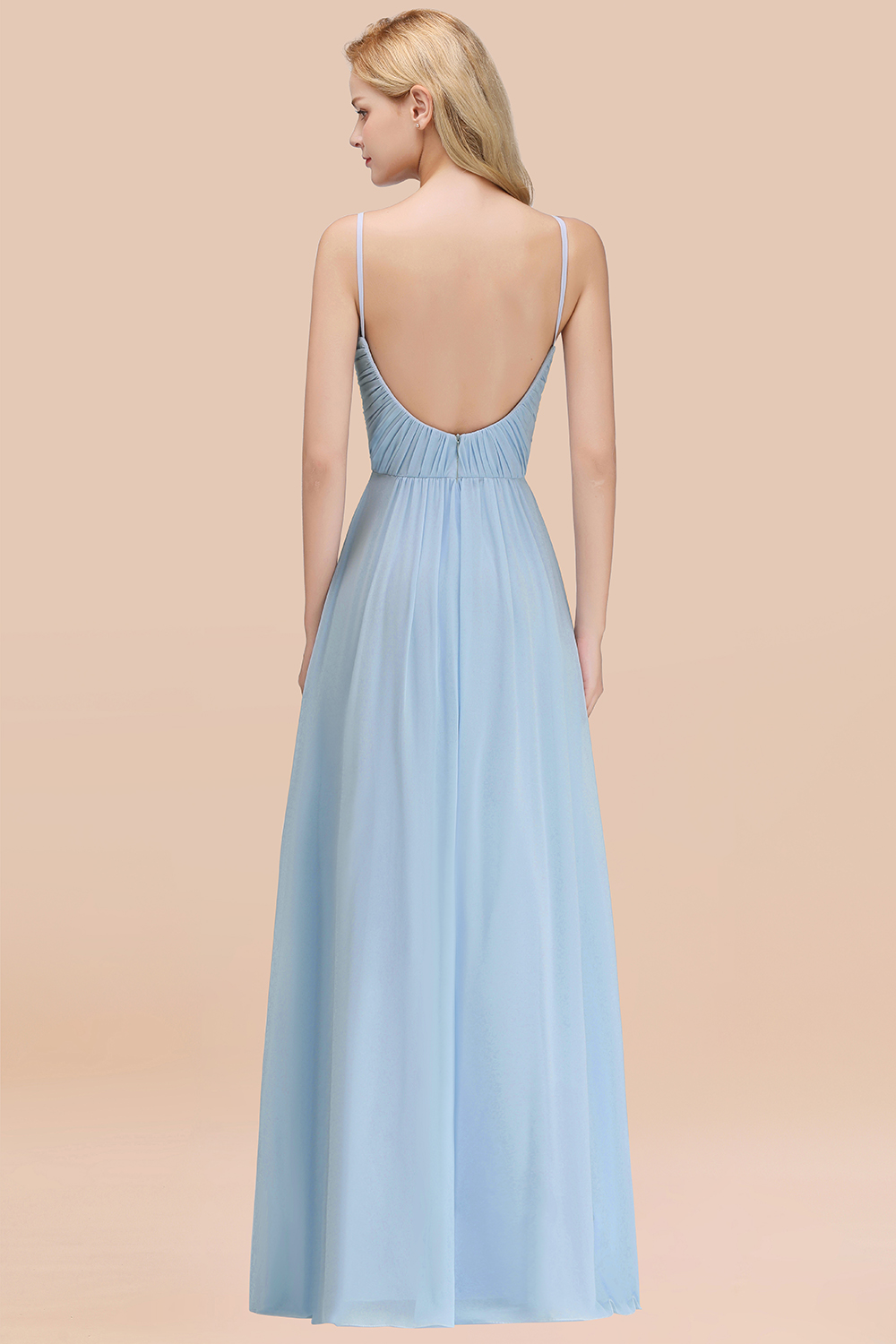 27prom Chic V-Neck Pleated Backless Bridesmaid Dresses with Spaghetti Straps-27prom