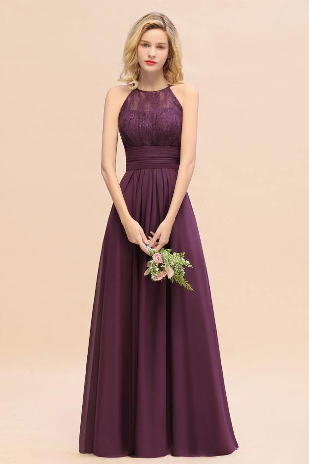 27prom Elegant Halter Ruffles Sleeveless Grape Lace Bridesmaid Dresses Affordable-27prom