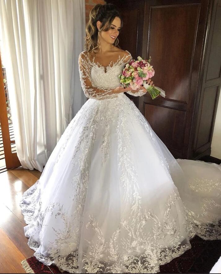 Princess Tulle Long Sleeve Wedding Dress with Appliques