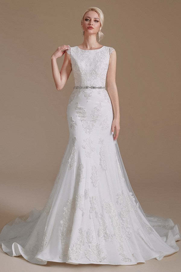 Mermaid Jewel Neck Long Wedding Dress with Tulle Lace
