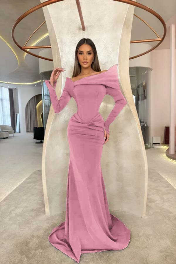 Off the Shoulder Long Sleeves Long Mermaid Prom Dress With Pleated