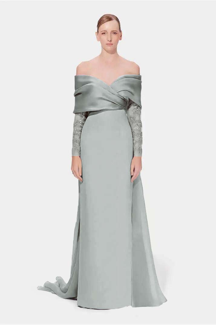 Off the Shoulder Long Sleeves Long Mermaid Prom Dress With Appliques