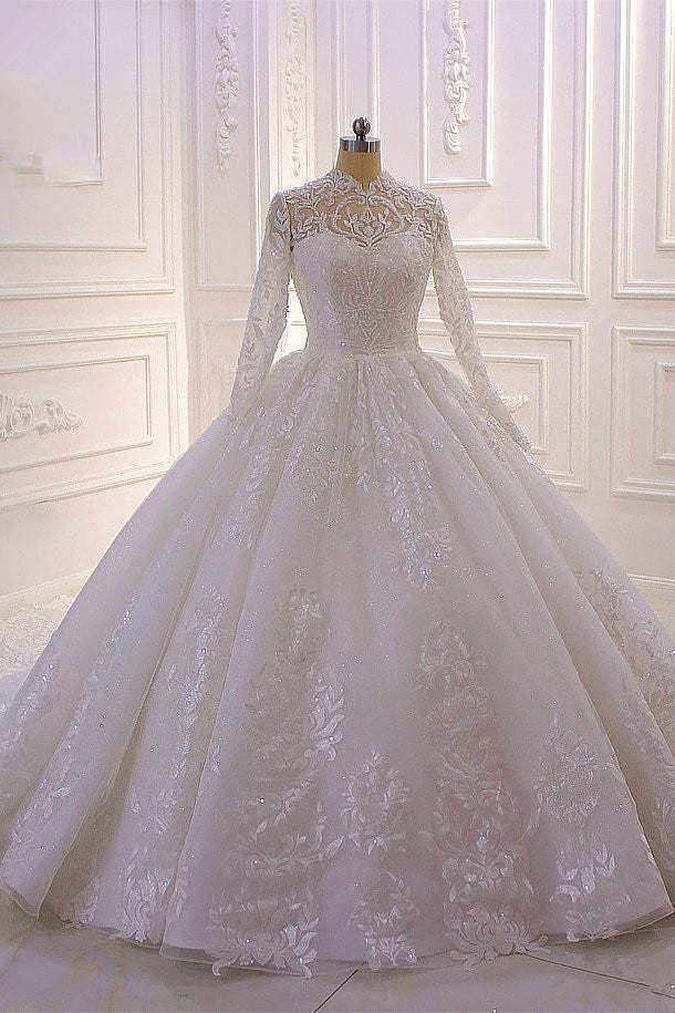 High Neck Long Sleeve Ball Gown Wedding Dress with Lace Ruffles