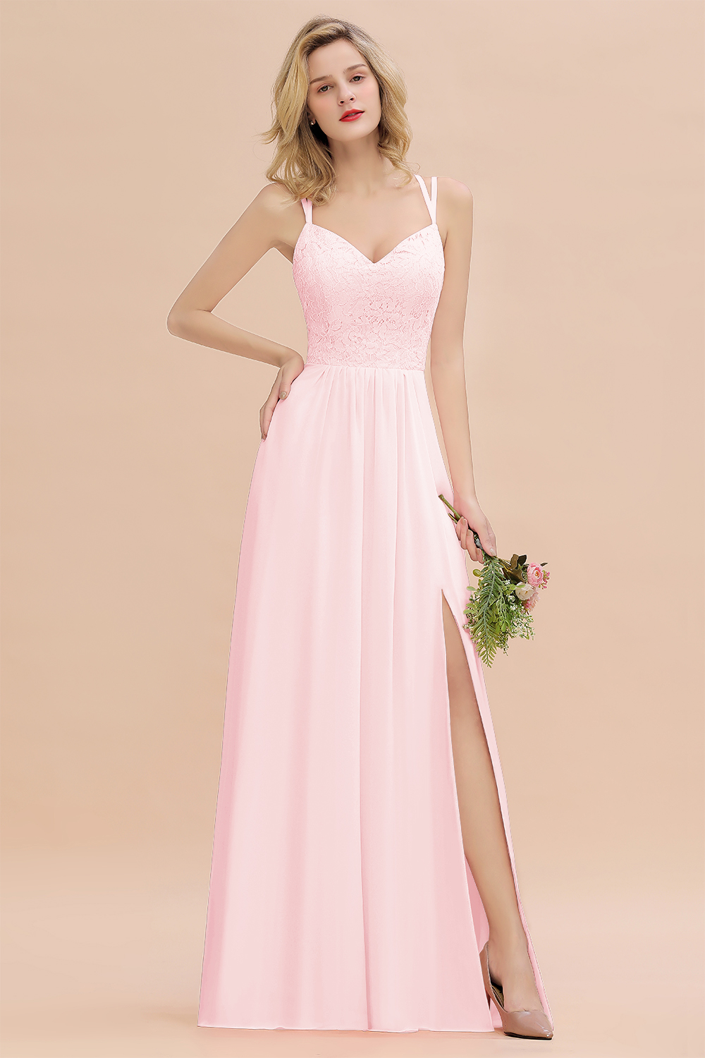 27prom Spaghetti-Straps Coral Lace Bridesmaid Dresses with Slit-27prom