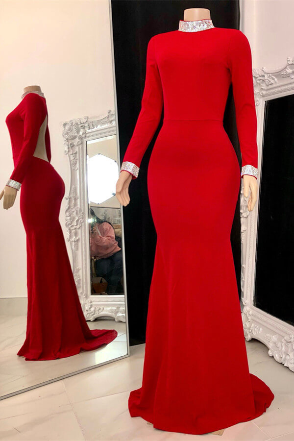 Simple Red Mermaid Prom Dress Long Sleeves Open Back With Ruffles