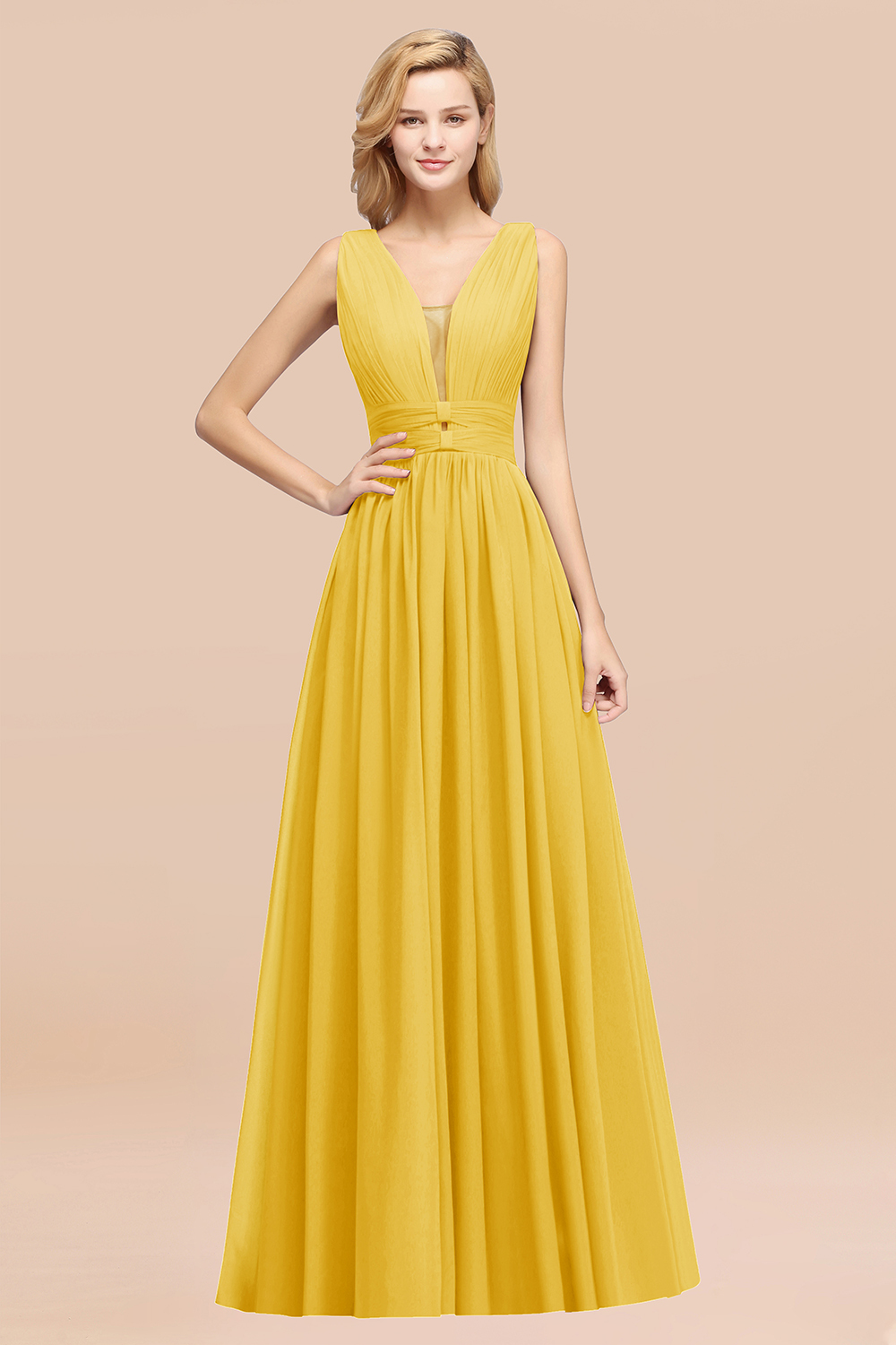 27prom Modest Dark Green Long Bridesmaid Dress Deep V-Neck Chiffon Maid of Honor Dress-27prom