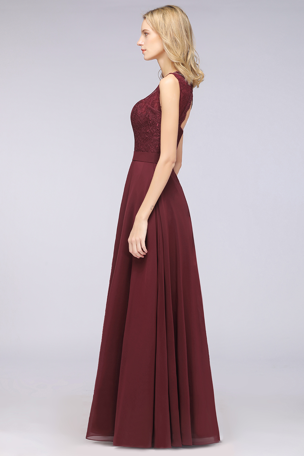 27prom Modest Chiffon V-Neck Burgundy Lace Bridesmaid Dresses Online-27prom