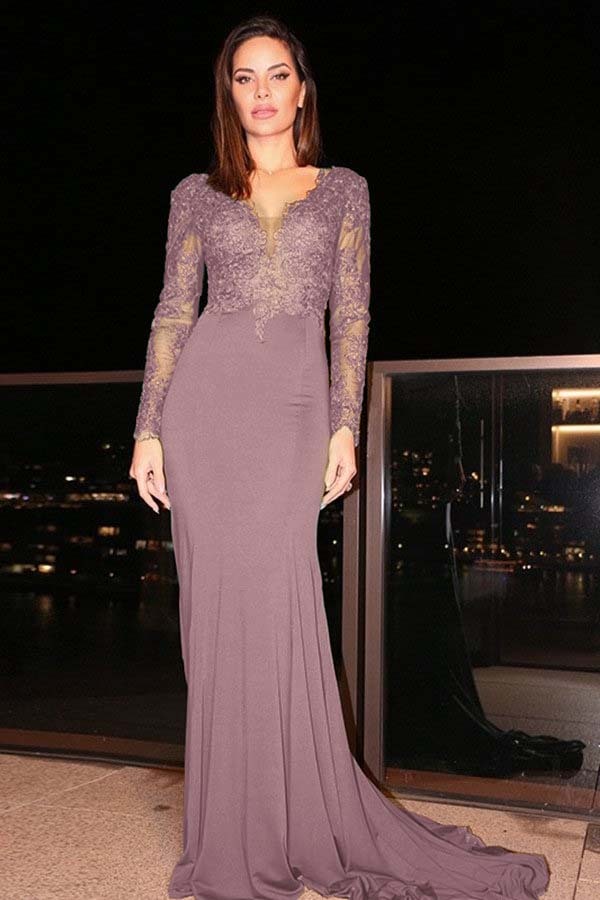 Long Sleeves Long Mermaid Prom Dress With Pleated Appliques