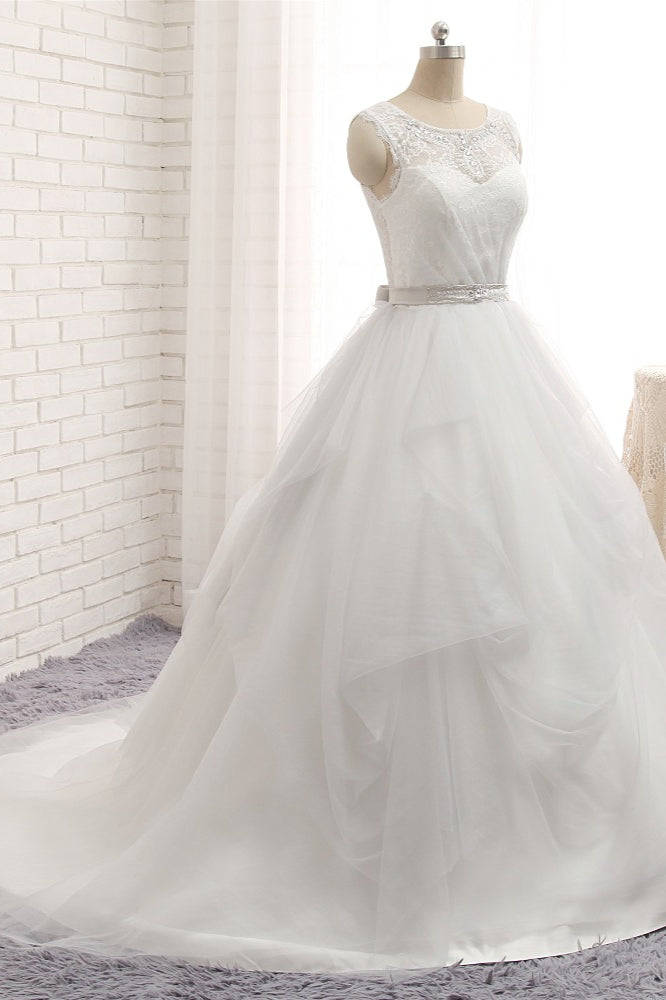 Princess Jewel Neck Long Wedding Dress with Tulle Lace