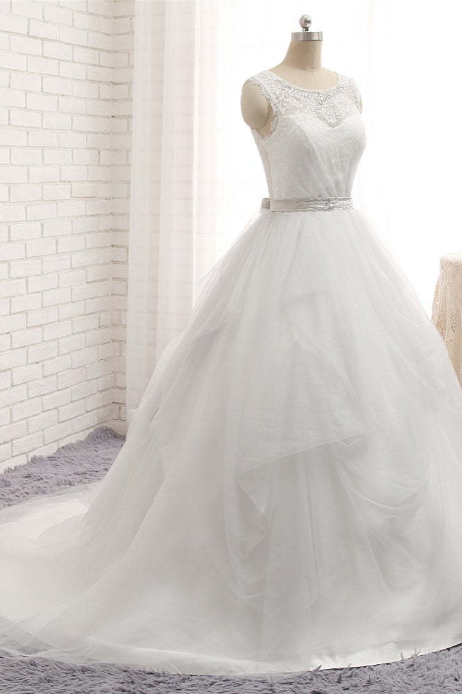 Princess Jewel Neck Long Wedding Dress with Tulle Lace