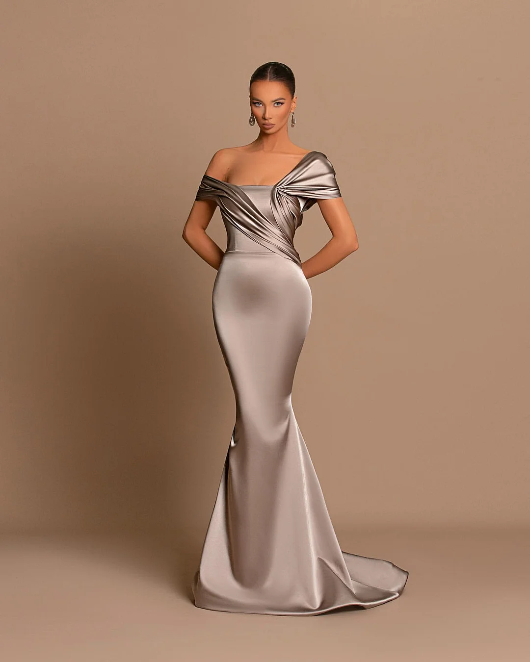 Grey Off-The-Shoulder Evening Dress Bateau Pleated Ball Gown