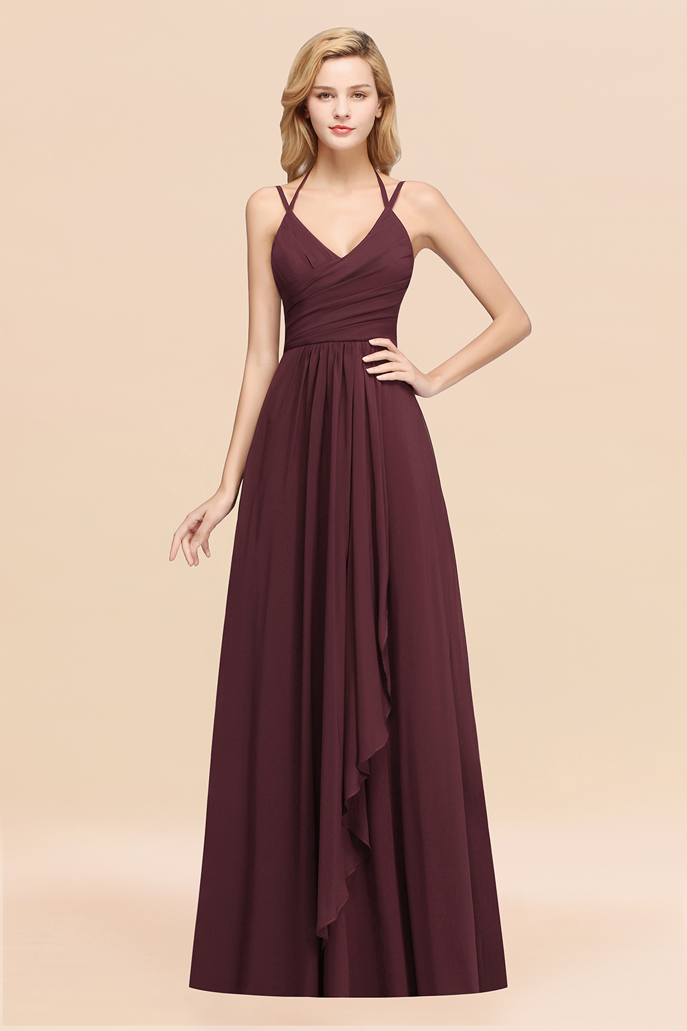 27prom Affordable Chiffon Burgundy Bridesmaid Dress With Spaghetti Straps-27prom