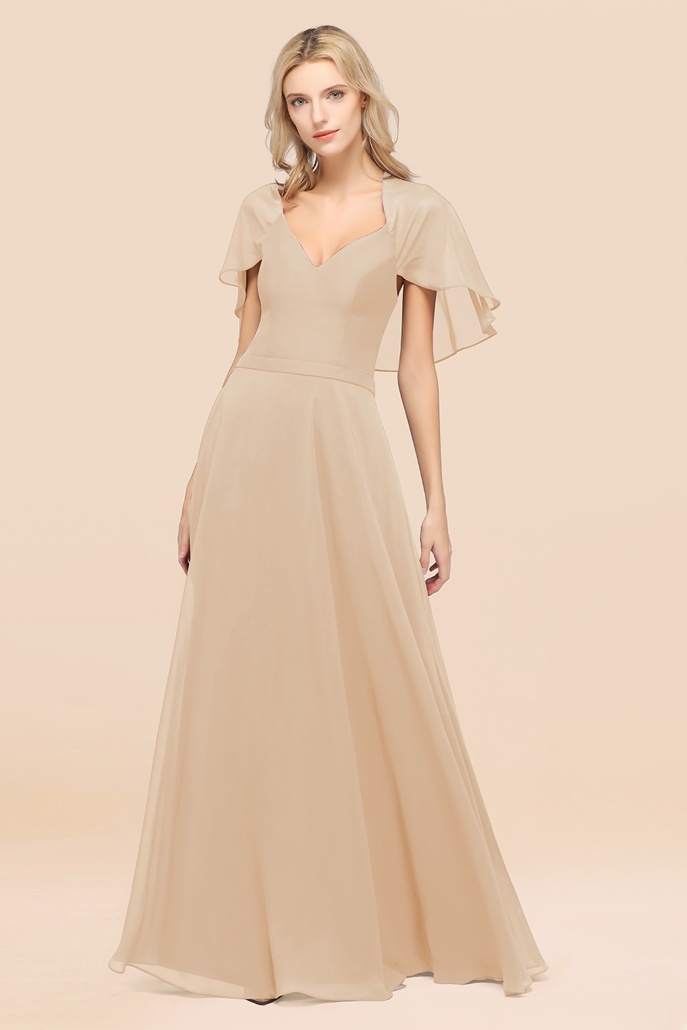 27prom Chic Satin V-Neck Long Burgundy Chiffon Bridesmaid Dress with Flutter Sleeve-27prom