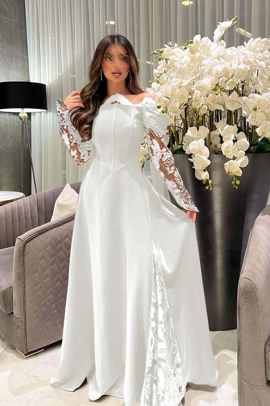 White Off the Shoulder Long Sleeves Long Prom Dress With Appliques
