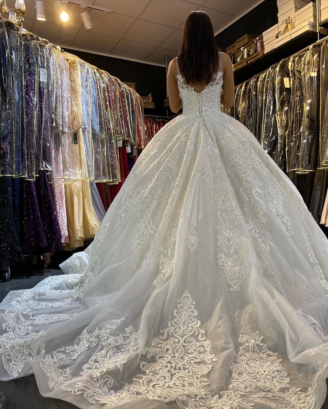Gorgeous Lace Backless Floor-Length Wedding Dress with Train and V-Neck Appliques