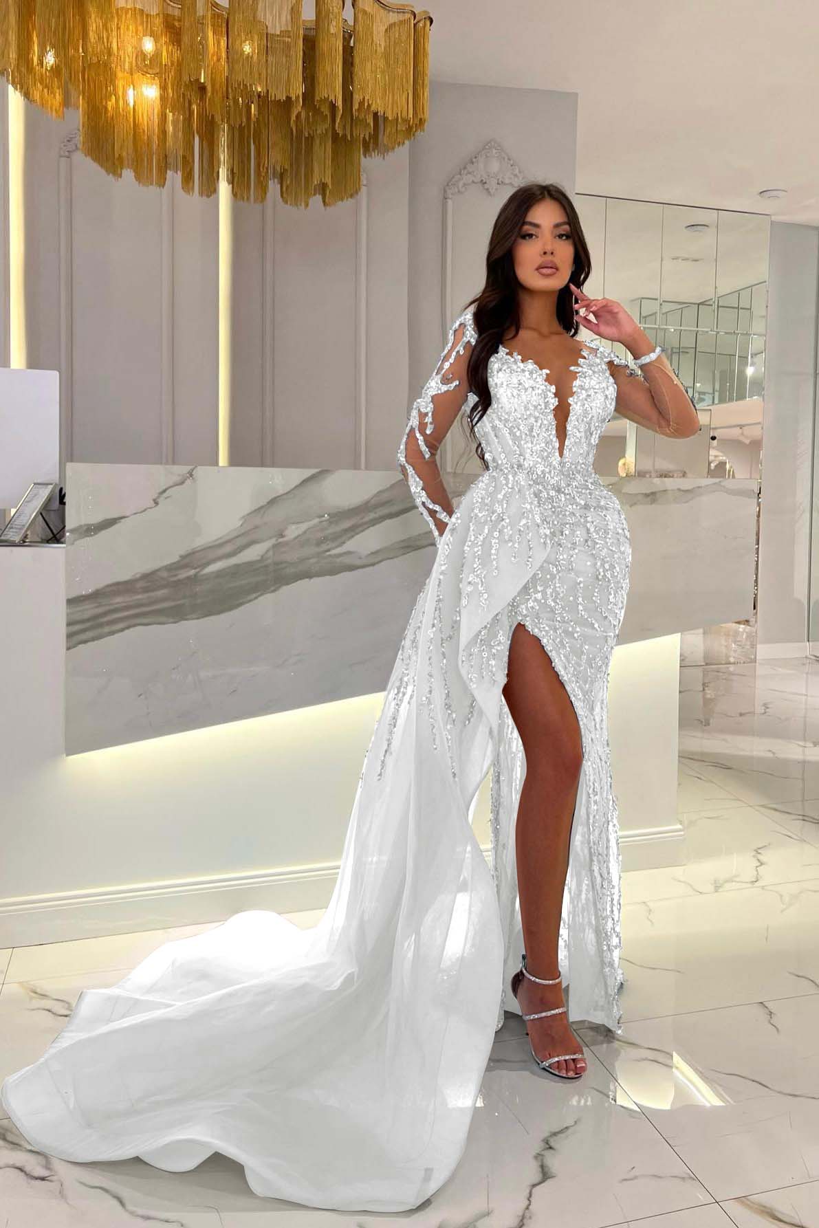 Shiny Blue Split Long Sleeves Mermaid Beaded Prom Dress Appliques Tulle