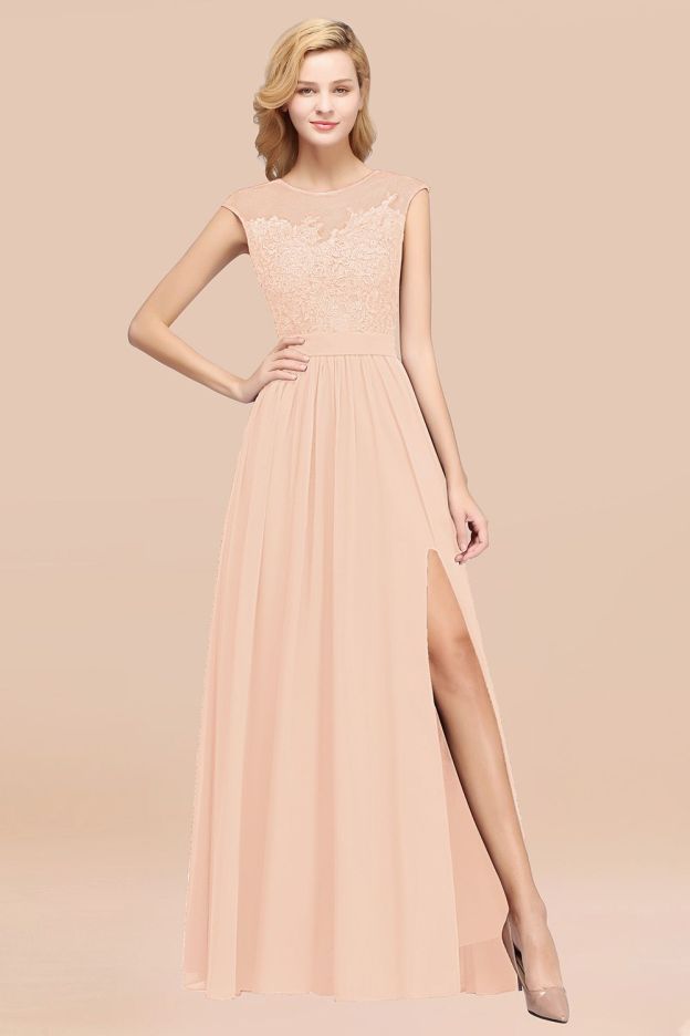 27prom Affordable Scoop Lace Appliques Yellow Bridesmaid Dresses with Slit-27prom