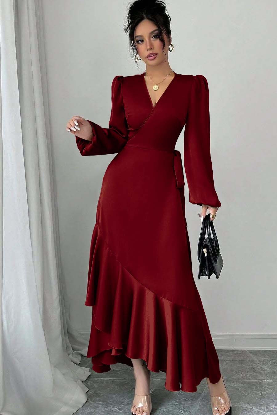 Shinning Long Sleeves V Neck Long Prom Dress With Ruffles Pleated