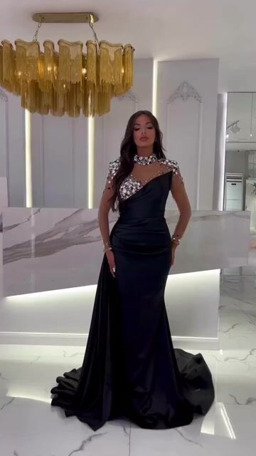 Prom Dress Long Mermaid Satin With Trail Beadings Long Sleeves Purple