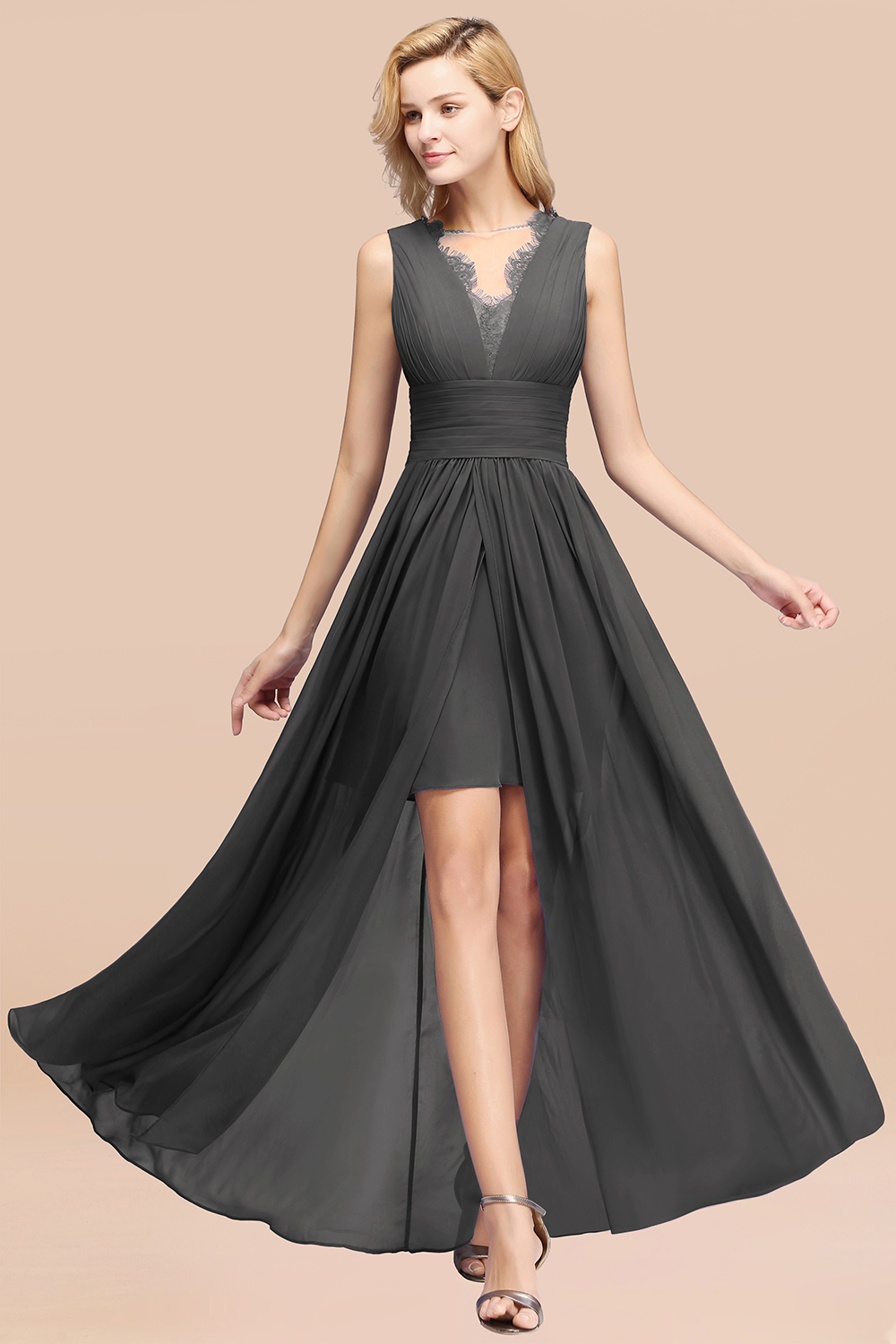 27prom Elegant Chiffon Lace Jewel Sleeveless Bridesmaid Dress with Ruffle-27prom