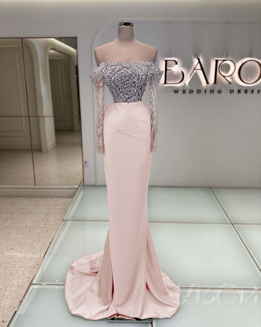 Off the Shoulder Long Sleeves  Long Mermaid Prom Dress With Beading