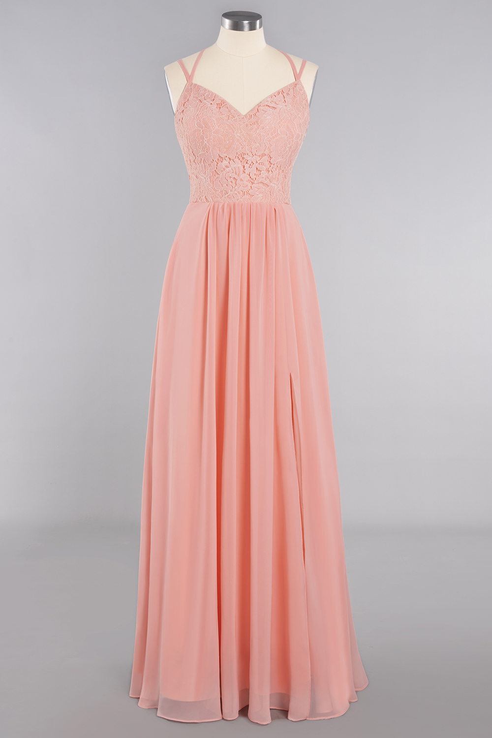 27prom Spaghetti-Straps Coral Lace Bridesmaid Dresses with Slit-27prom