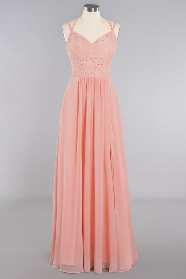 27prom Spaghetti-Straps Coral Lace Bridesmaid Dresses with Slit-27prom