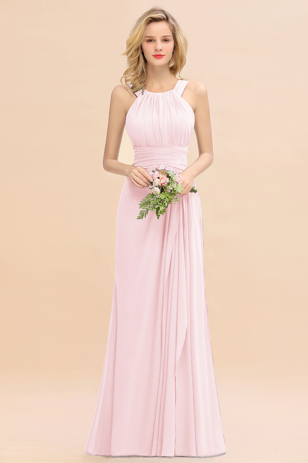 27prom Elegant Round Neck Sleeveless Bridesmaid Dress with Ruffles-27prom