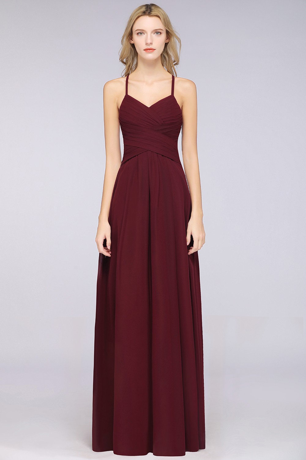 27prom Affordable Spaghetti Straps V-Neck Burgundy Chiffon Bridesmaid Dress with Keyhole Back-27prom
