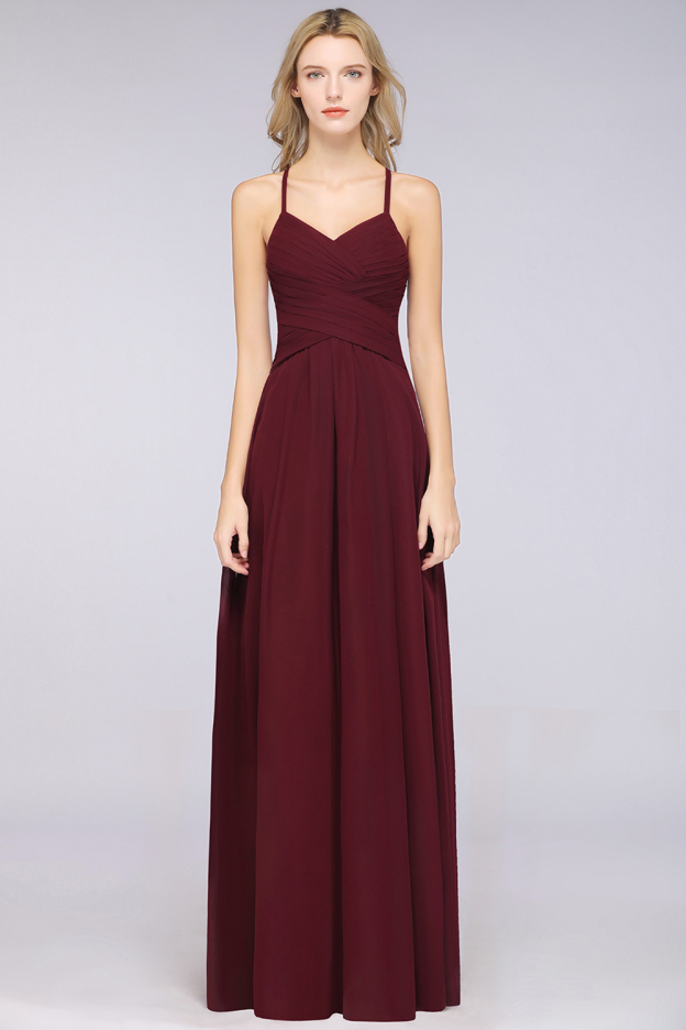 27prom Affordable Spaghetti Straps V-Neck Burgundy Chiffon Bridesmaid Dress with Keyhole Back-27prom