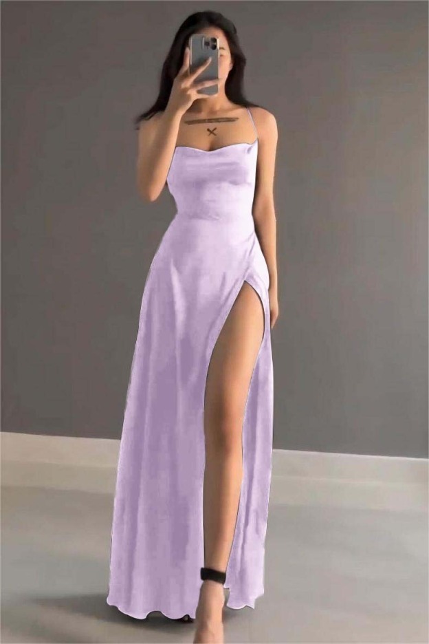 Simple Black Stain Spaghetti Strap Sleeveless Long Prom Dress With Split