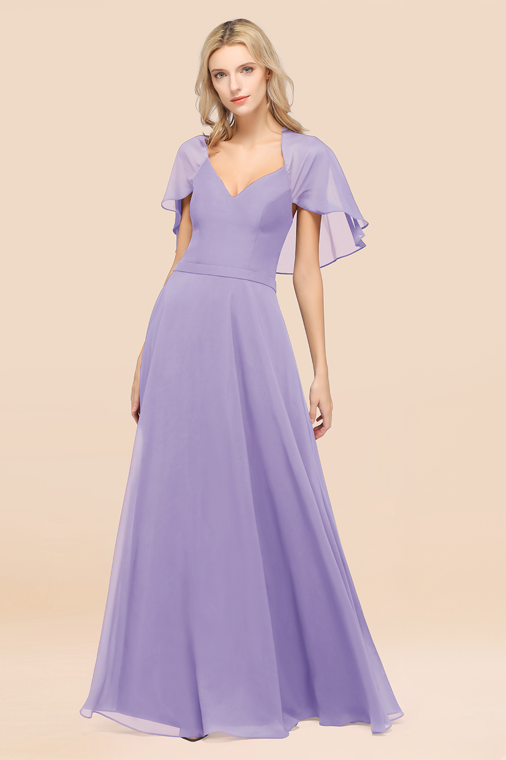 27prom Chic Satin V-Neck Long Burgundy Chiffon Bridesmaid Dress with Flutter Sleeve-27prom