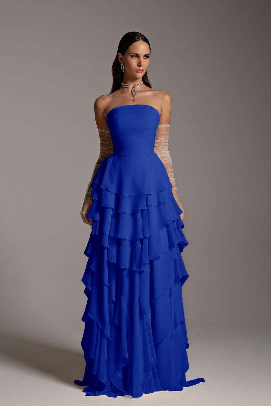 Charming Strapless Sleeveless Ruffles Long Prom Dress With Gloves