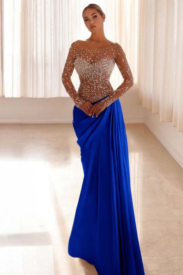 Jewel Neck Long Sleeves Long Mermaid Prom Dress With Pleated