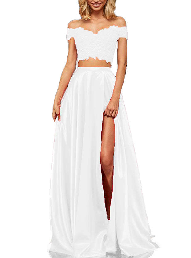 Off-the-Shoulder Two Pieces Prom Dress with Appliques and Slit