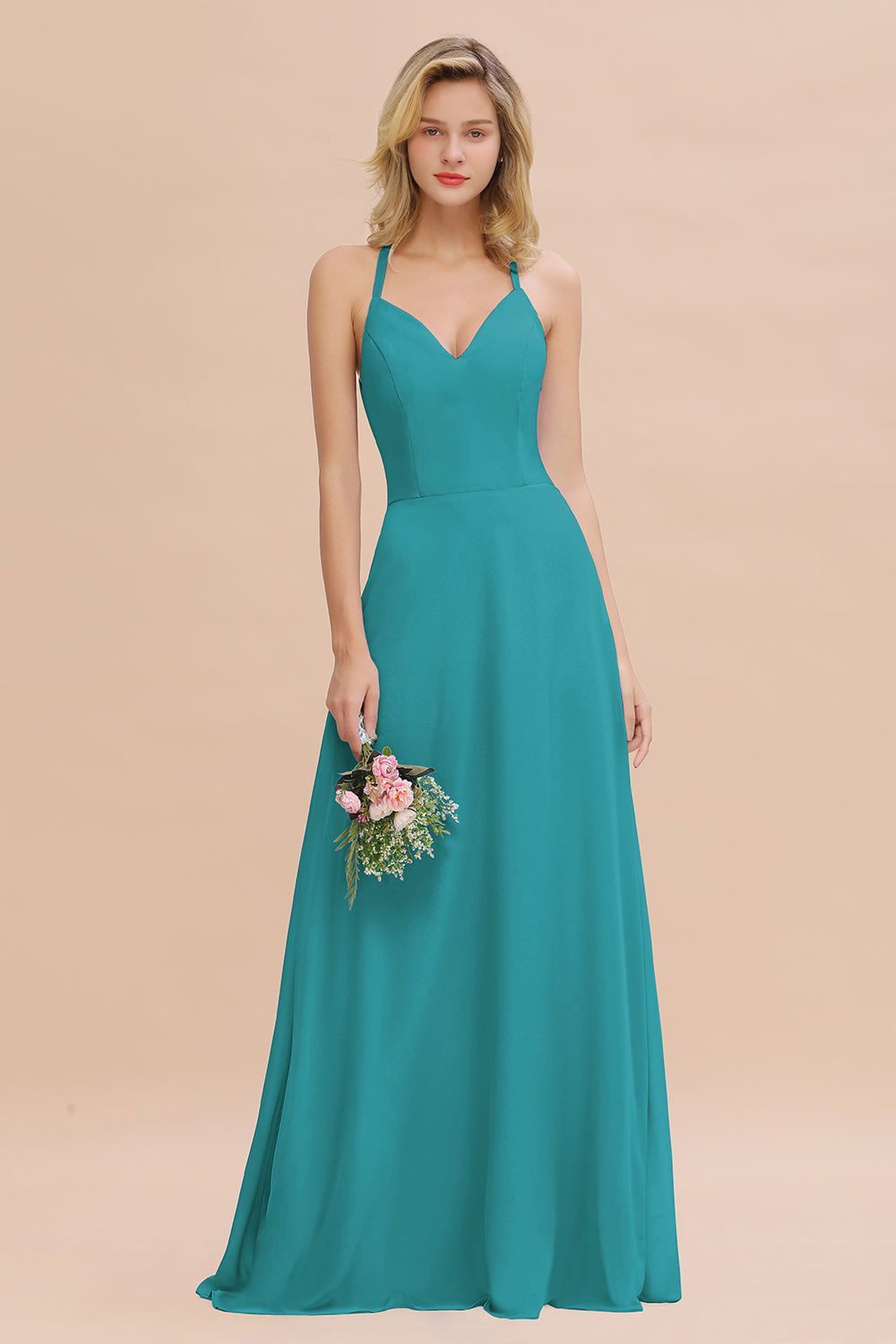 27prom Modest Halter V-Neck Sleeveless Long Bridesmaid Dresses Online-27prom