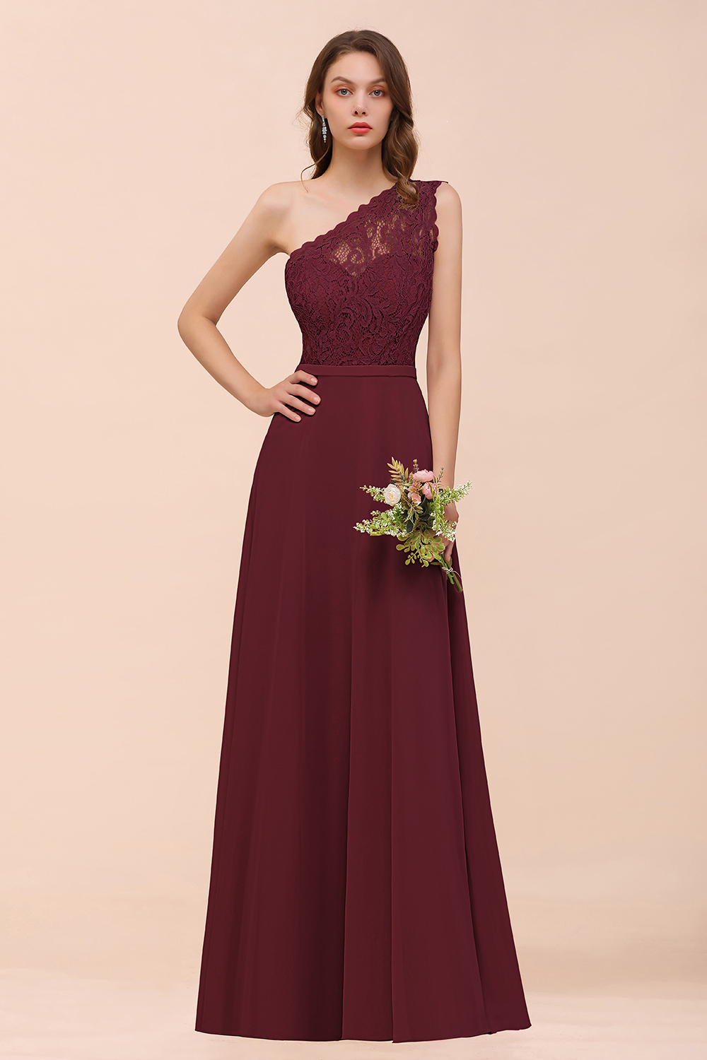 27prom New Arrival Dusty Rose One Shoulder Lace Long Bridesmaid Dress-27prom