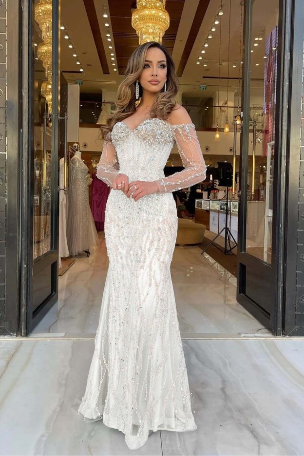 Heavy Prom Dress Sweetheart Long Sleeves Strapless Beading Long Tulle